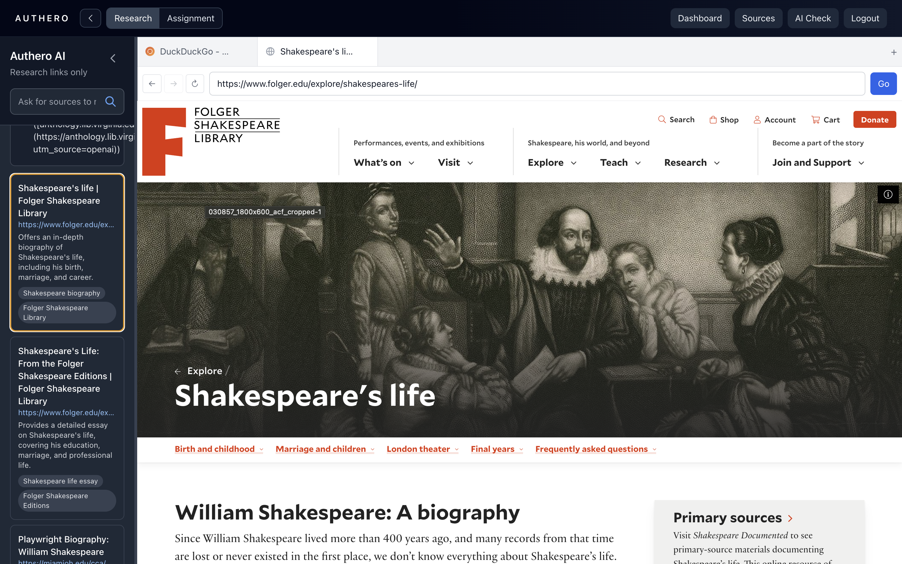 Student Research view with a Folger Shakespeare Library webpage in Authero’s browser and AI-supported research links in the sidebar.