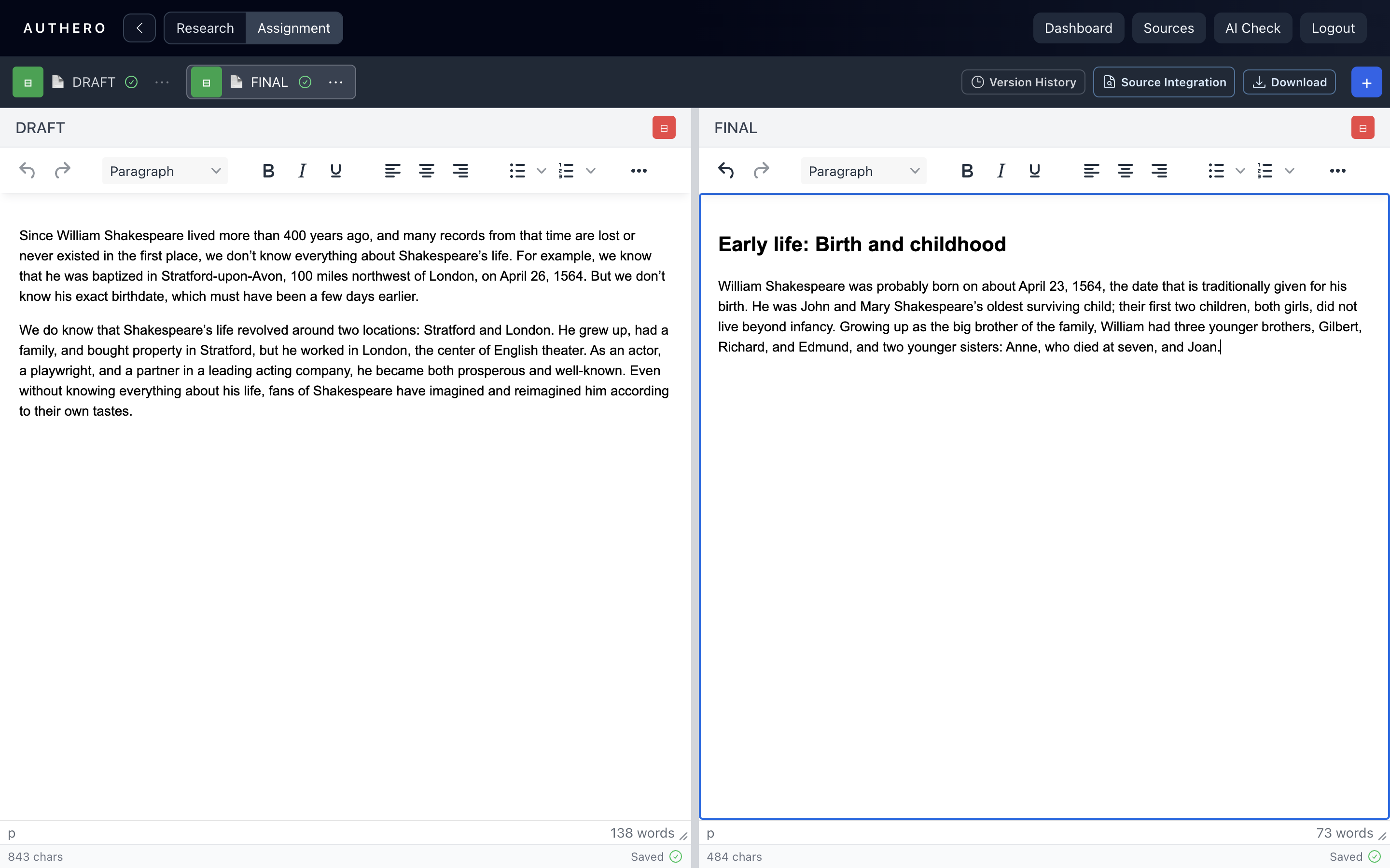Student workspace with DRAFT and FINAL writing documents open side by side.