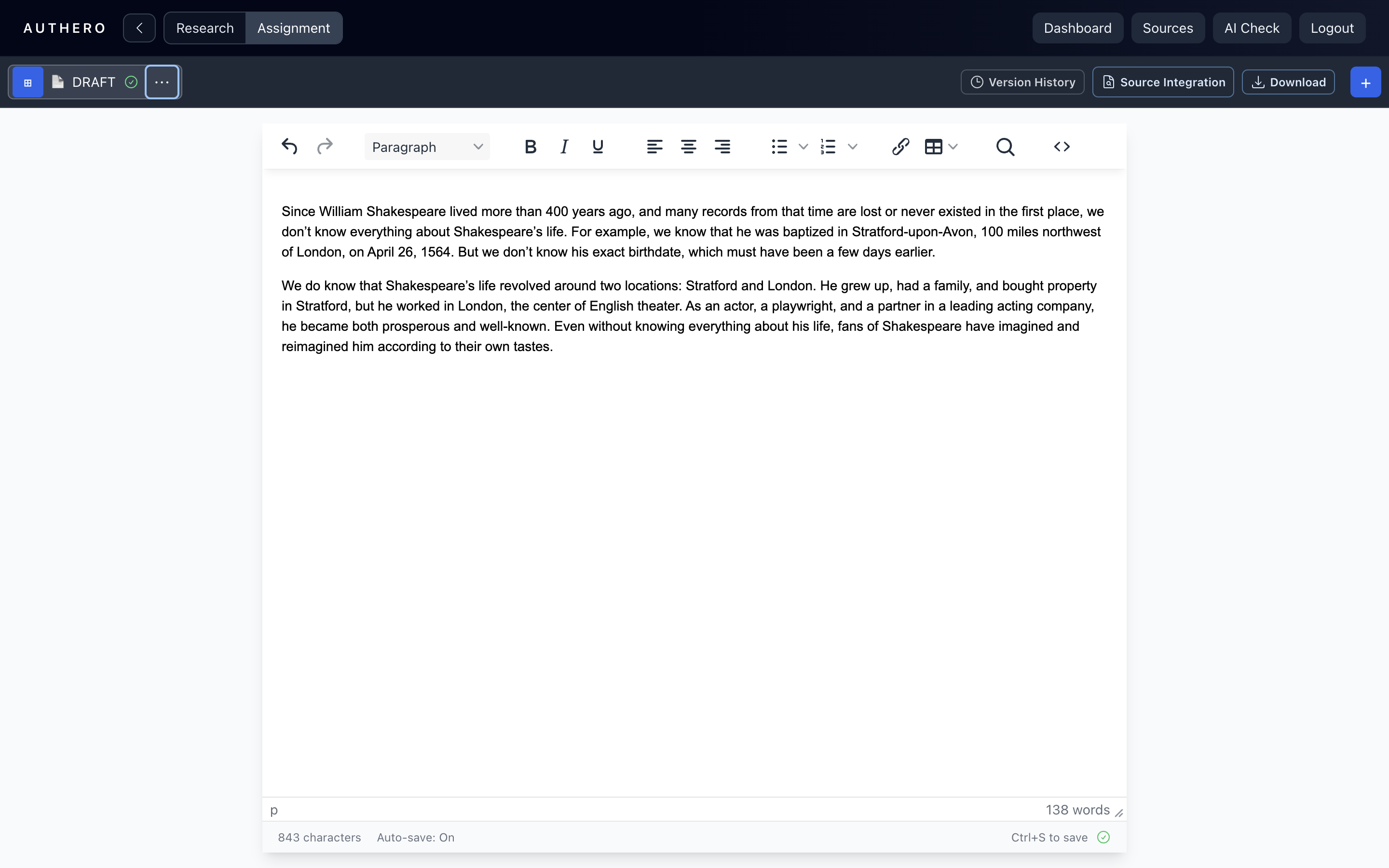 Student writing space with a draft document, formatting tools and saved status.