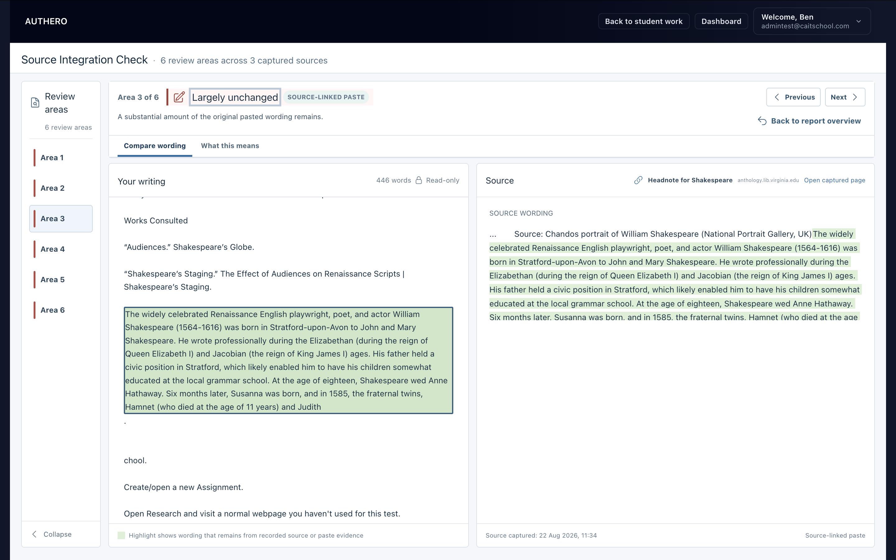 Teacher Source Integration Check comparing writing with captured source wording, with remaining wording highlighted side by side.