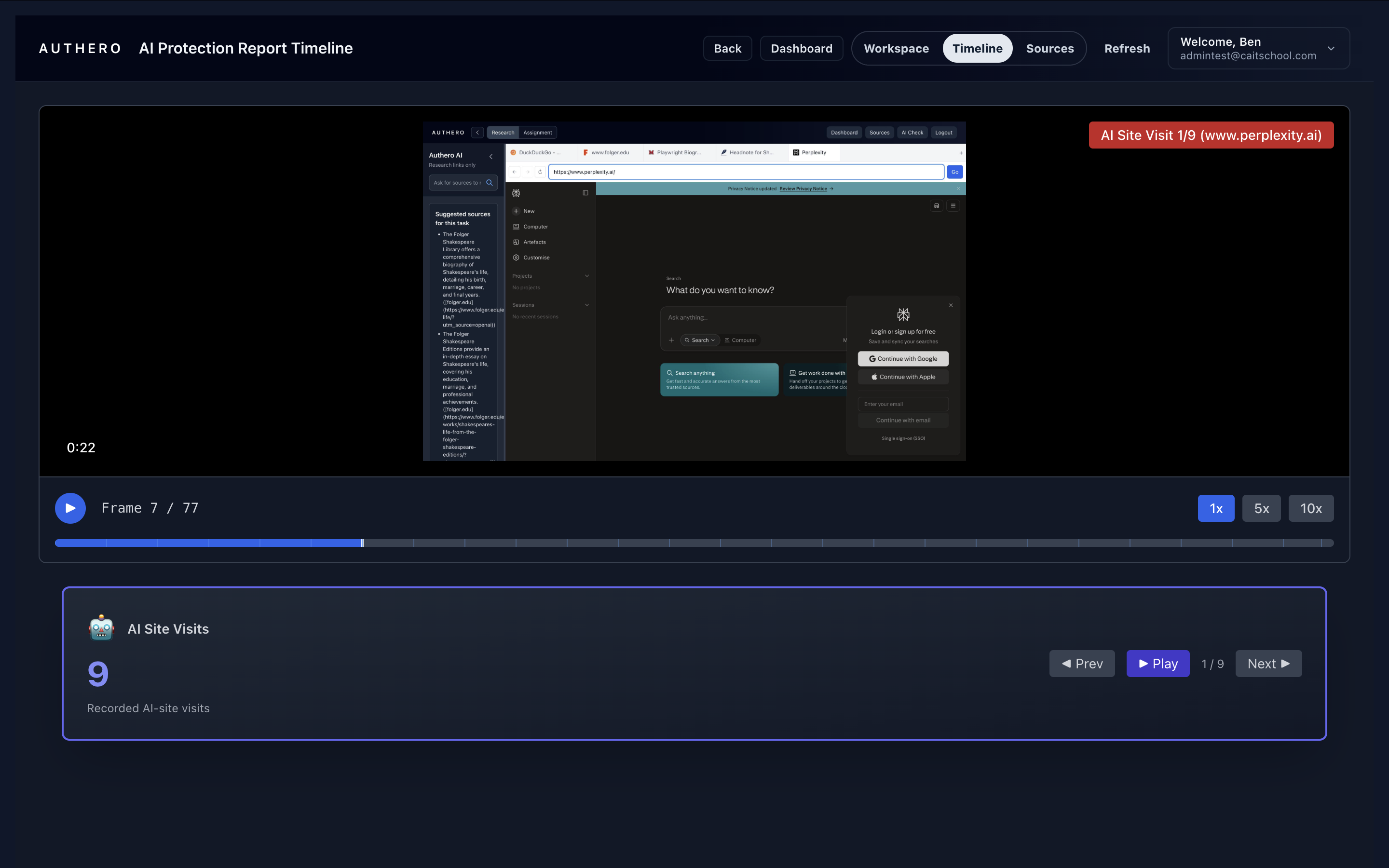 Current teacher Timeline showing historical activity: a recorded Perplexity visit, playback controls and nine AI-site visits. The student interface inside the recording is historical.