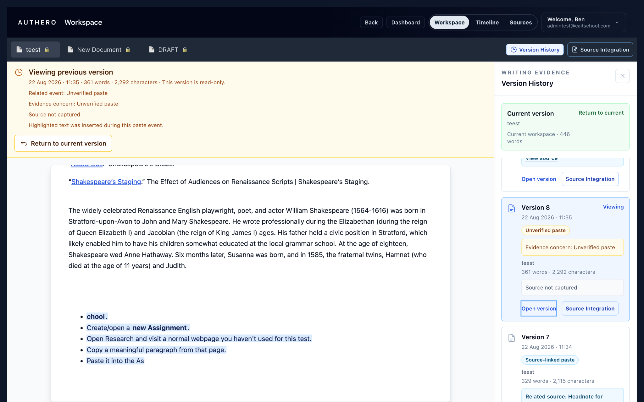 Teacher Workspace Version History: a read-only previous version, highlighted pasted text, and an unverified paste event whose source was not captured.